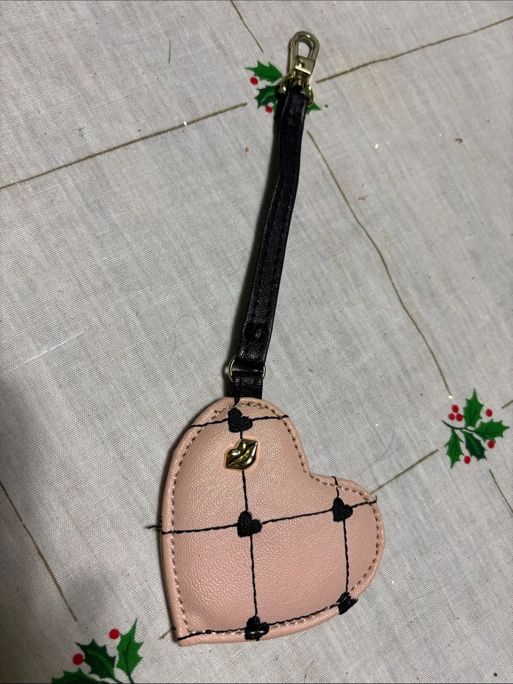 Heart-Shaped Pink Leather Bag Charm with Black Strap